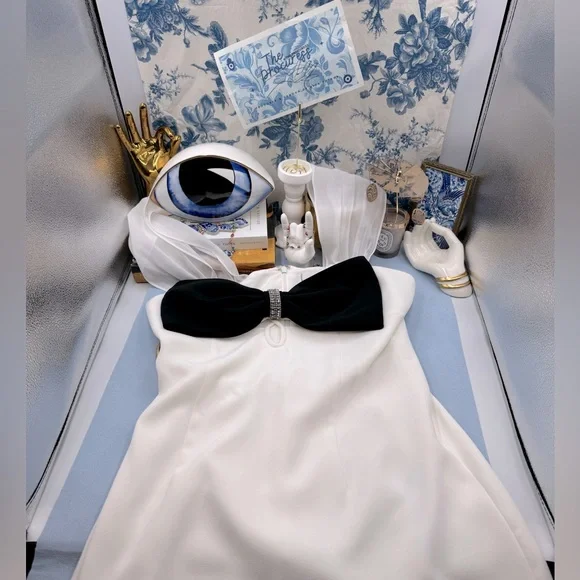 🆕 SELF-PORTRAIT 🧿 NWOT White And Black Crepe Bow Mini Dress, Sz UK 14 US 10